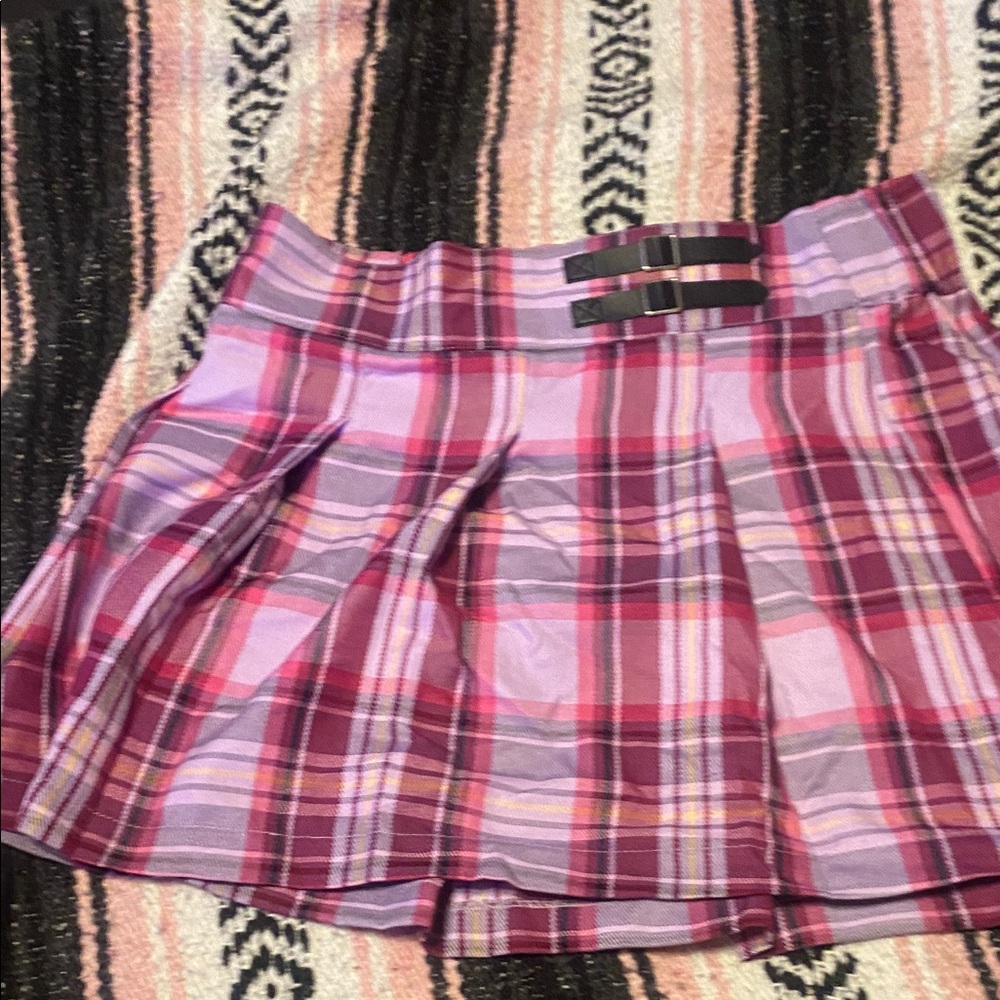 Plaid Pleated Skirt with Buckle Detail
